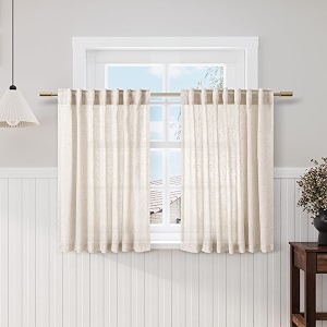Short Beige Linen Curtains for Kitchen Bathroom