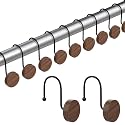 Shower Curtain Hooks, Decorative Shower Curtain Rings for Shower Curtain, Imitation Wood Grain Resin Shower Curtain Hangers, 12PCS Waterptoof Shower Hooks for Bathroom, Bedroom, Plant Hanger (Black)