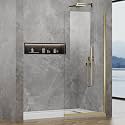 Shower Glass Wall Panel 34" W x 74" H, 3/8" (10mm) Tempered Glass, Half Frameless Fixed Shower Screen, Single Panel with Double-Sided Easy-Clean Coating - Brushed Gold