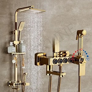 shower panels for bathroom heavy brass wall mount thermostatic shower set  hot amp cold mixer shower 4 in 1 shower panel hand shower  rain shower overhead  jet spray  gold finish
