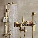 Shower Panels For Bathroom Heavy Brass Wall Mount Thermostatic Shower Set | Hot &amp; Cold Mixer Shower 4 in 1 Shower Panel, Hand shower + Rain Shower overhead + Jet Spray | Gold Finish