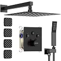 Shower Faucet Set Matte Black Shower System, Bostingner 12" Rain Shower Head with Handheld Spray and 4 Body Jets,Can Run Together,3 Way Shower Set with Thermostatic Valve and Trim Kit