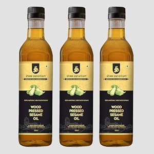 shree aanantam cold pressed sesame gingelly oil - 1liter x 3  bottle  kolhukacchi ghanichekku  gingelly oil  natural  chemical-free  wood pressed sesame oil for cooking - 1l pack of 3