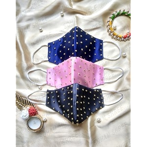 shree shree fashion wedding special cloth face mask - washable light weight satin - cotton masks pink-blue-gray combo