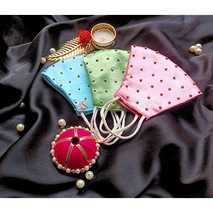 shree shree fashion wedding special cloth face mask - washable light weight satin - cotton masks skyblue-green-pink
