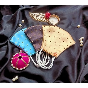 wedding special reusable washable light weight satin - cotton unisex cloth face mask without valve skyblue-gray-golden