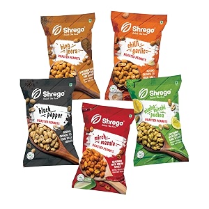 shrego flavour roasted peanut variety combo mirch masala chilli garlic black pepper nimbu mirchi pudina hing jeera 140g each pack of 5