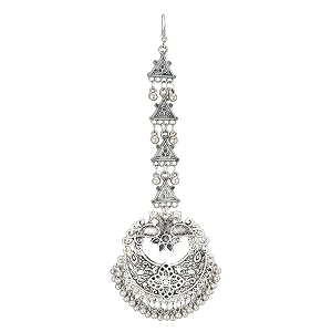 shreyadzines silver plated traditional pearls embellished statement design oxidized maang tikkamaang tika for women and girls pack of 1