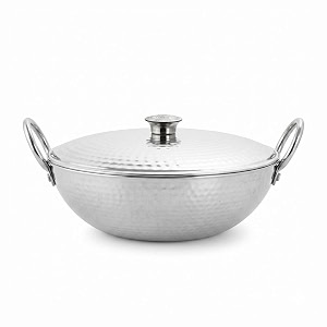 shri amp sam stainless steel 28 litre triply deep pro light weight hammered kadhai with lid 26 cm 1497 grams