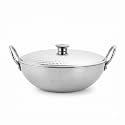 Shri &amp; Sam Stainless Steel 2.8 Litre Triply Deep Pro Light Weight Hammered Kadhai with Lid, 26 cm, 1497 Grams