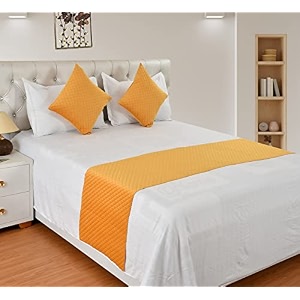 premium velvet quilted set of bed runner 16 x 96 inches and 2 cushion covers 16 x 16 inches combo set- yellow