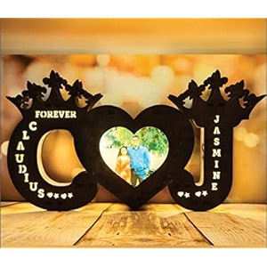 wooden table with led lamp  customised home dcor  alphabet with your name amp photo  personalised couple name stand