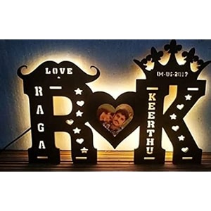 wooden table with led lamp  customised home dcor  alphabet with your name  personalised couple name stand