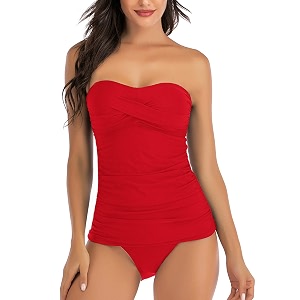 shuangyu women39s twist front bandeau tankini set two pieces ruched tummy control suimsuit with mid waist briefs