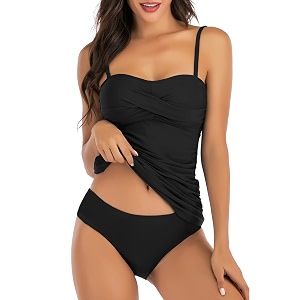 shuangyu women39s twist front bandeau tankini set two pieces ruched tummy control suimsuit with mid waist briefs