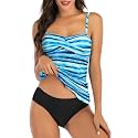 Shuangyu Women's Twist Front Bandeau Tankini Set Two Pieces Ruched Tummy Control Suimsuit with Mid Waist Briefs