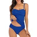 Shuangyu Women's Twist Front Bandeau Tankini Set Two Pieces Ruched Tummy Control Suimsuit with Mid Waist Briefs