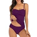 Shuangyu Women's Twist Front Bandeau Tankini Set Two Pieces Ruched Tummy Control Suimsuit with Mid Waist Briefs
