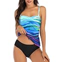 Shuangyu Women's Twist Front Bandeau Tankini Set Two Pieces Ruched Tummy Control Suimsuit with Mid Waist Briefs