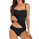 Shuangyu Women's Twist Front Bandeau Tankini Set Two Pieces Ruched Tummy Control Suimsuit with Mid Waist Briefs