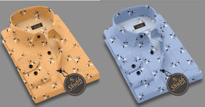 SHUBHFLAX Men Printed Casual Orange Light Blue