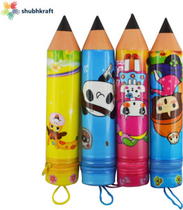 shubhkraft kids compass box attractive pencil shape stationary organizer box penpencil case cartoon printed creative design box for childrens return gifts for kids pencil shape stationery pouchboxes for girlsboys multicolour pack of 4 cartoon printed art polyester pencil boxes