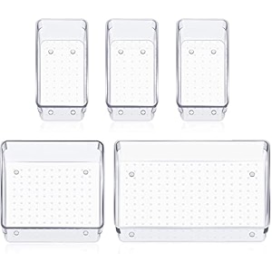 shuttle art clear plastic drawer organizers set clear drawer organizers amp storage bins for makeupjewelry vanity kitchen or office desk bathroom 5 pcs traytransparent