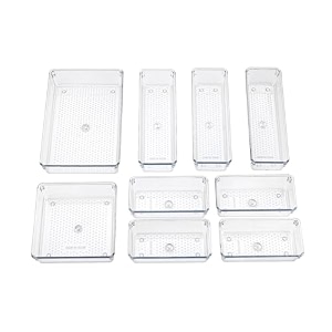 shuttle art drawer organizer set clear plastic desk drawer dividers trays dresser storage bins separation box for makeupjewelries and gadgetsbedroombathroomoffice9 pcs traytransparent