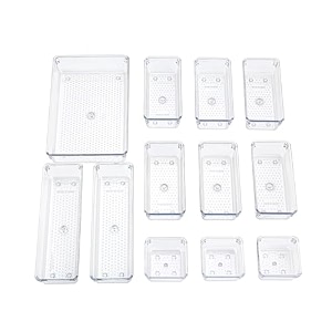shuttle art drawer organizer set dresser desk drawer dividers - multipurpose clear plastic storage bins for jewellery kitchen gadgets and office accessories12 pcs traytransparent