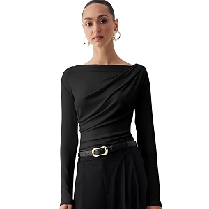 sightbomb softline asymmetric boat neck frontflow gathered waterfall afford lux edition formal wear long sleeve feather touch top for women