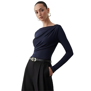 sightbomb softline asymmetric boat neck frontflow gathered waterfall afford lux edition formal wear long sleeve feather touch top for women