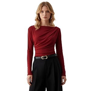 sightbomb softline asymmetric boat neck frontflow gathered waterfall afford lux edition formal wear long sleeve feather touch top for women