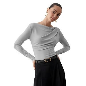 sightbomb softline asymmetric boat neck frontflow gathered waterfall afford lux edition formal wear long sleeve feather touch top for women
