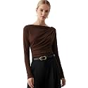 SIGHTBOMB SOFTLINE Asymmetric Boat Neck FRONTFLOW Gathered Waterfall Afford LUX Edition Formal WEAR Long Sleeve Feather Touch TOP for Women