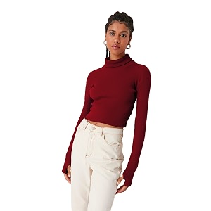 sightbomb turtle neck thumb hole sleeves crop length ribbed tops for women small-medium maroon cotton blend sweater