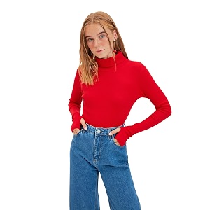 sightbomb turtle neck thumb hole sleeves crop length ribbed tops for women small-medium red