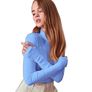 sightbomb turtle neck thumb hole sleeves crop length ribbed tops for women small-medium powder blue