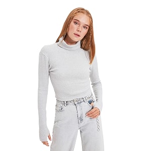 sightbomb turtle neck thumb hole sleeves crop length ribbed tops for women small-medium gray melange cotton blend sweater