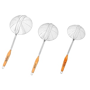 signamio 3 set of diameter 16-18-20 cm stainless steel deep fry net spoon oil strainer for kitchen - frying spoon for puri amp poori strainer kitchen utensil for frying cooking amp straining - v wooden