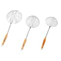 Signamio 3 Set of Diameter 16-18-20 cm Stainless Steel Deep Fry Net Spoon Oil Strainer for Kitchen - Frying Spoon for Puri &amp; Poori Strainer Kitchen Utensil for Frying, Cooking &amp; Straining - V Wooden