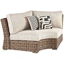 Signature Design by Ashley Beachcroft Outdoor Curved Corner Chair with Cushion, 2 Pillows, Performance Fabric, Resin Wicker, 18.5" Seat Height, Beige