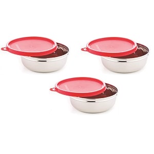 signoraware stainless steel containerserving bowl with lid  airtight amp leakproof  microwave safe  ideal for lunch amp snacks storage  great for office school amp picnics 200mlx3  set of3  red