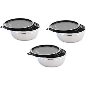 signoraware stainless steel serving bowl with lid  sturdy design  perfect for everyday meal amp special ocassions  ideal for serving desserts snacks amp side dishes 200mlx3  set of 3  black