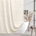 Siiluminisoy Cream Boho Woven Fabric Shower Curtain, 72 x 72 Tufted Chevron Textured Striped Modern Farmhouse Minimalist Cloth Curtain for Bathroom