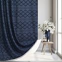 Siiluminisoy Extra Long Boho Farmhouse Shower Curtain Woven Fabric Navy Blue 84 Inch Curtain, 72 x Tufted Chevron Textured Striped Modern Minimalist Cloth Set with Hooks for Bathroom