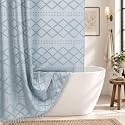 Siiluminisoy Extra Long Fog Blue Boho Shower Curtain - Woven Fabric, 72 x 84 Tufted Chevron Textured Striped Modern Farmhouse Minimalist Cloth Shower Curtain for Bathroom