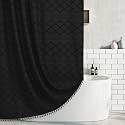 Extra Long Boho Black Woven Fabric Shower Curtain with Tassels 54 x 78 Modern Farmhouse Minimalist, Tufted Chevron Striped Shabby Chic Textured, Water Resistant Cloth Curtain for Bathroom, Hotel Decor