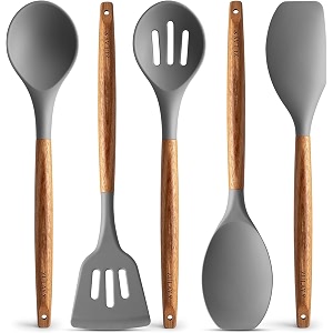 silicon spatula set for kitchen - non-stick cooking utensils with wooden handle - turner serving spoon combs set of 5 grey