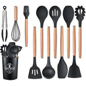silicon spatula for kitchen  non-stick  cooking spatulas with wooden handle  turner serving cooking spoon  combs for kitchen tools set set of 12 black