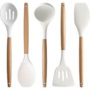 cream silicon spatula set  non-stick  cooking spatulas with wooden handle  turner serving cooking spoon set 5
